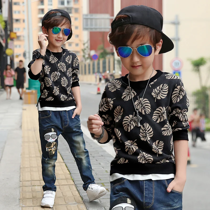 Boys Long Sleeve T-shirt Spring and Autumn New Style 2021 Kids Round-collar Top Fake Two Pullovers Children's Wear Clothes X374 | Детская