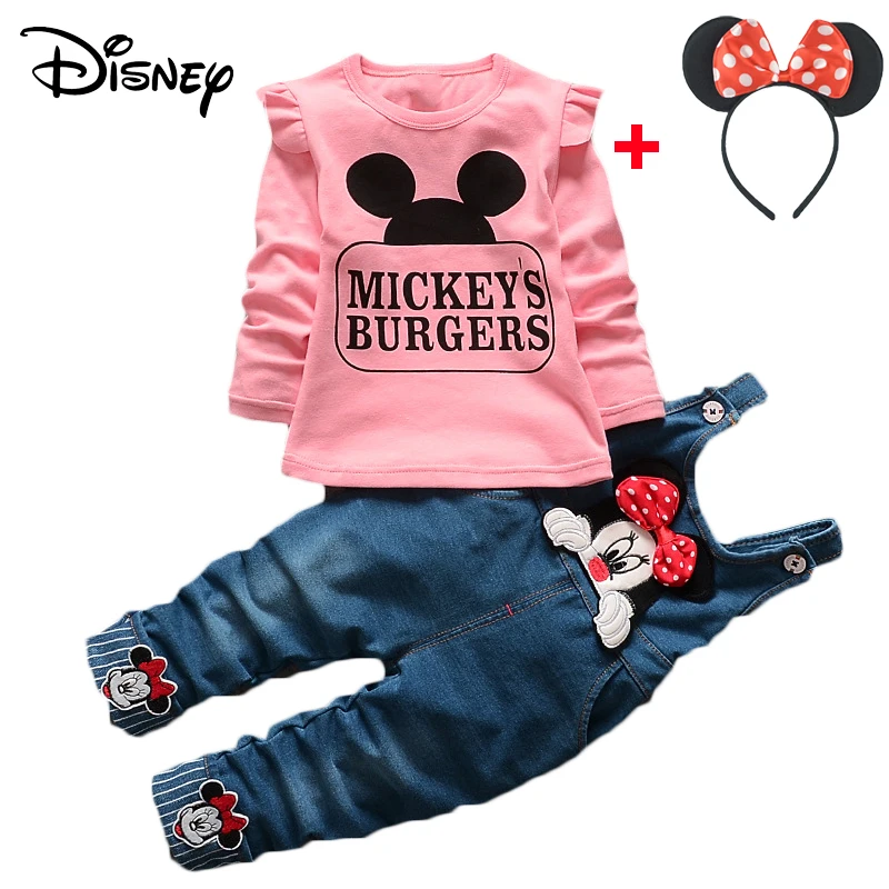 

Disney Frozen Girl Christmas Outfits Cartoon Long Sleeved T-shirt Tops Denim Overalls Children Clothing Kids Bebes Jogging suits