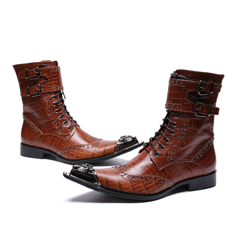 Martin Tamanho Padrão Couro Masculino Homens Rebites Pele Grande Inverno Cowboy Bella Cobra Genuíno De Botas Até Marrom Rendas Christia Outono zwtaqFZ