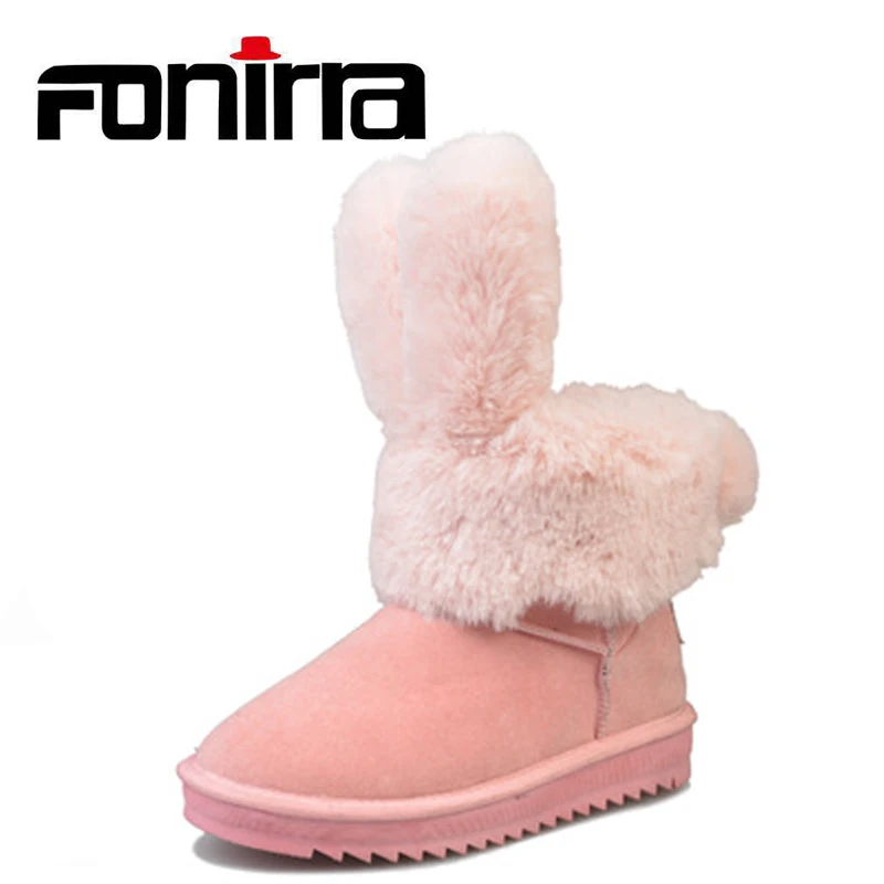 FONIRRA Rabbit Bunny Ears Warm Snow Boots Pink Faux Fur Women Ankle