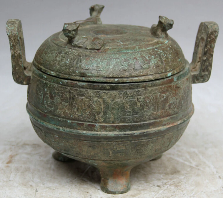 

S2282 13" Old China Dynasty Bronze 3 Beast Food Wine Ware Vessel Handle Pot Jar Crock D0318