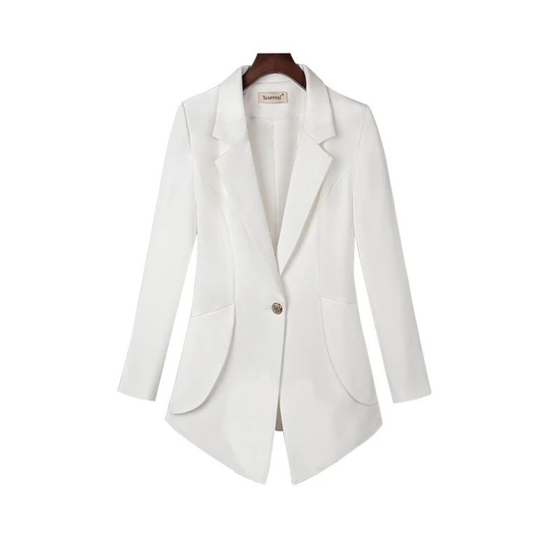 Маленький Блейзер размера плюс, Женский однотонный тонкий пиджак с карманом и длинным рукавом, Модный женский офисный костюм для девушек, весна-осень - Цвет: White