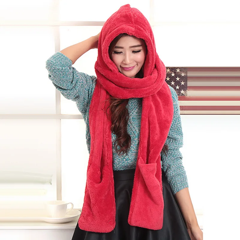 

Drop shipping OEAK New ladies autumn and winter three-in-one plush bib scarf hat gloves three-piece one scarf all yards