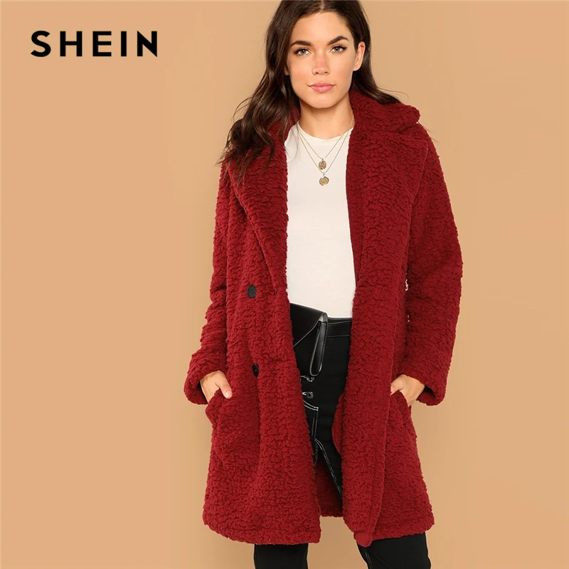 

SHEIN Burgundy Casual Solid Notched Pocket Double Button Teddy Coat Winter Thermal Office Lady Fashion Women Coat And Outerwear