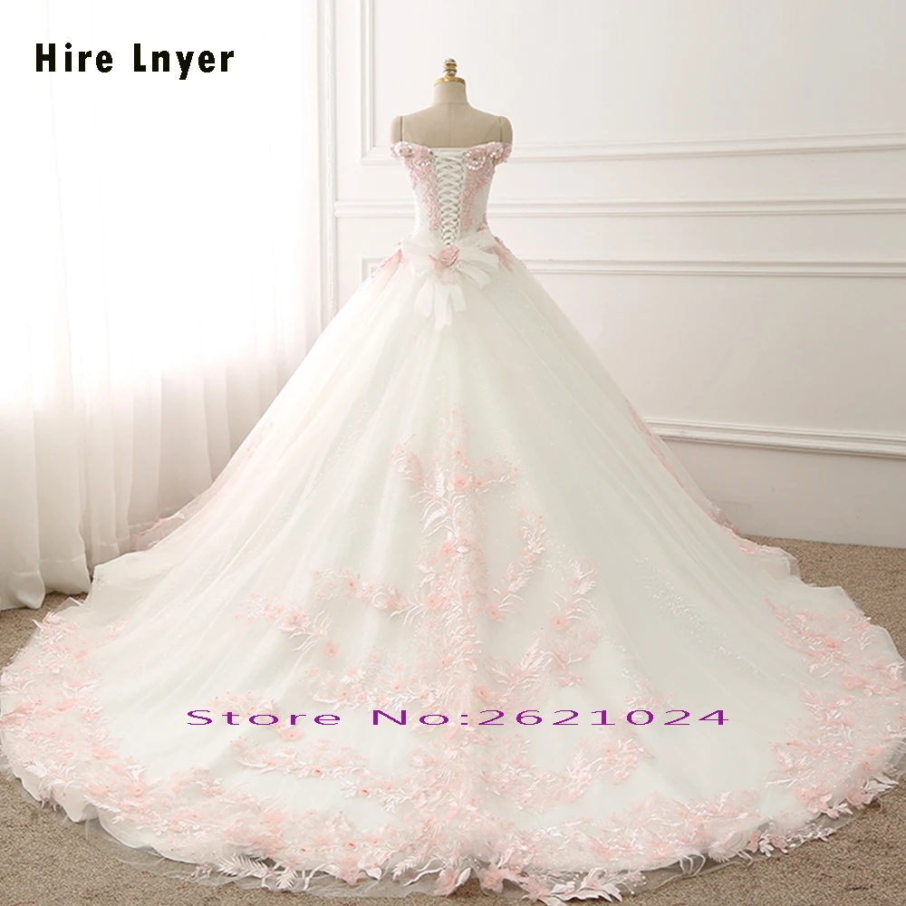NAJOWPJG свадебное платье принцессы с открытыми плечами, коротким рукавом, на шнуровке, Gelinlik,, розовые цветы, Аппликации, бисероплетение, свадебное платье