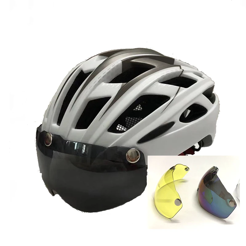 Szelyia Велоспорт шлем линзы солнцезащитные очки козырек велосипедный шлем da bicicleta bici Mtb велосипедный шлем 57-61 см - Цвет: white in 3lens