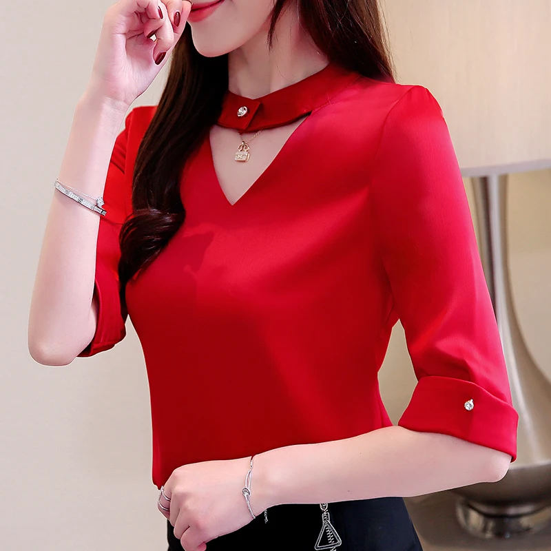  Dingaozlz V-neck Women Blouse New Fashion Half sleeve Professional OL shirt Solid color Summer Tops