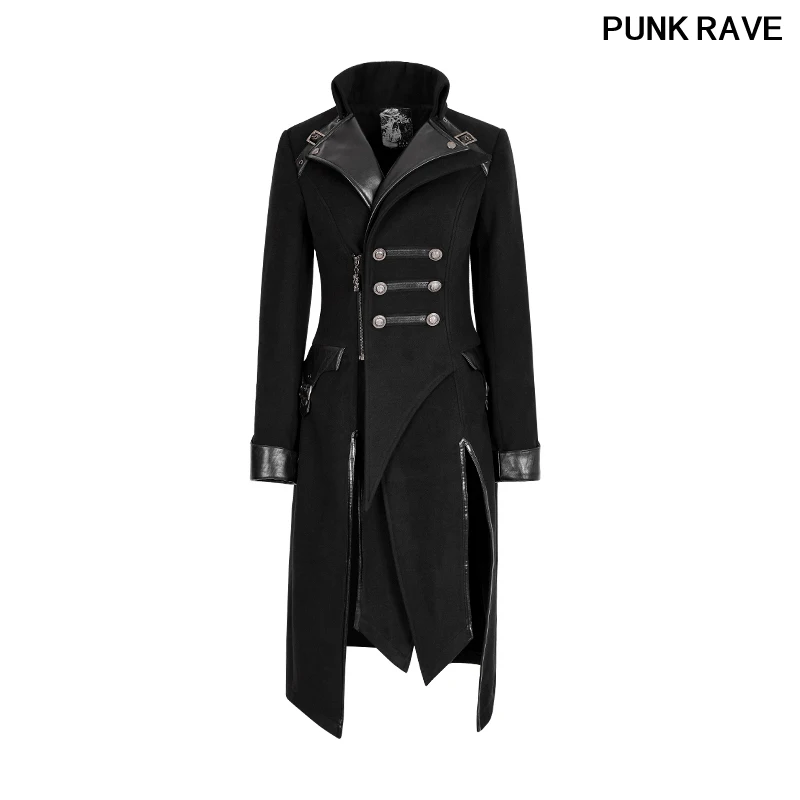 Gothic punk patch work woolen with PU leather stitching women long black winter coats PUNK RAVE Y-791