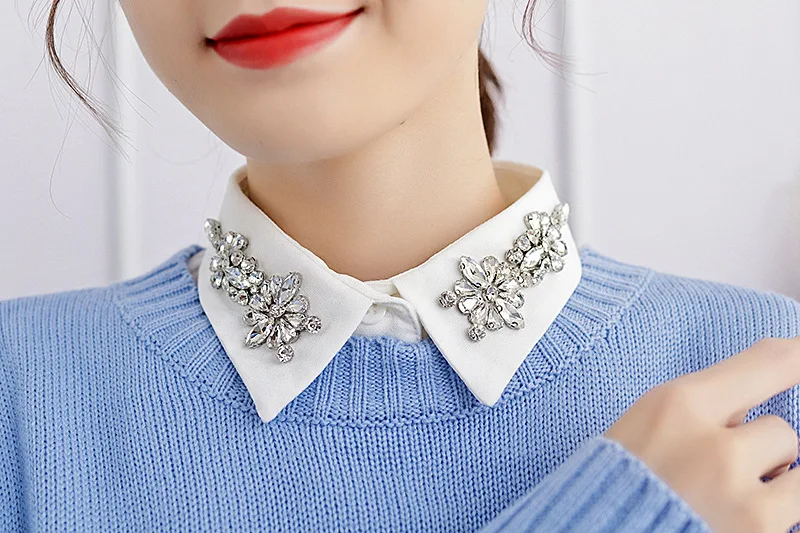 

Detachable Lace Up Fake Collar Shirt bead crystal Women High Quality Shirt Fake Collar New Arrived Women And Men Blue Stripes