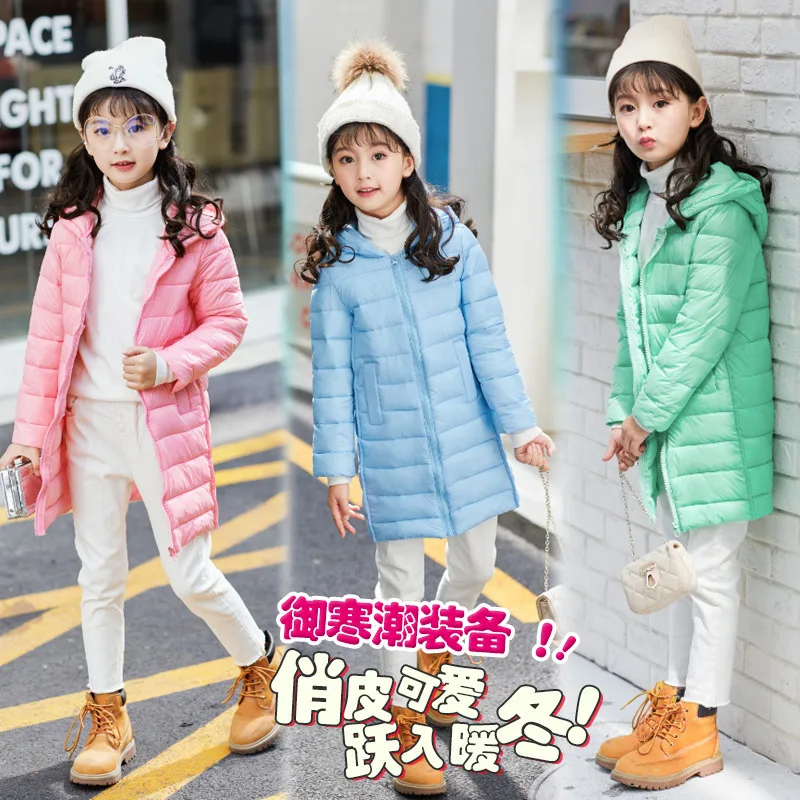

Children's Clothing Outerwear & Coats Down Jacket for Girls Spring Winter long Jacket Warm Kids Solid Color hooded