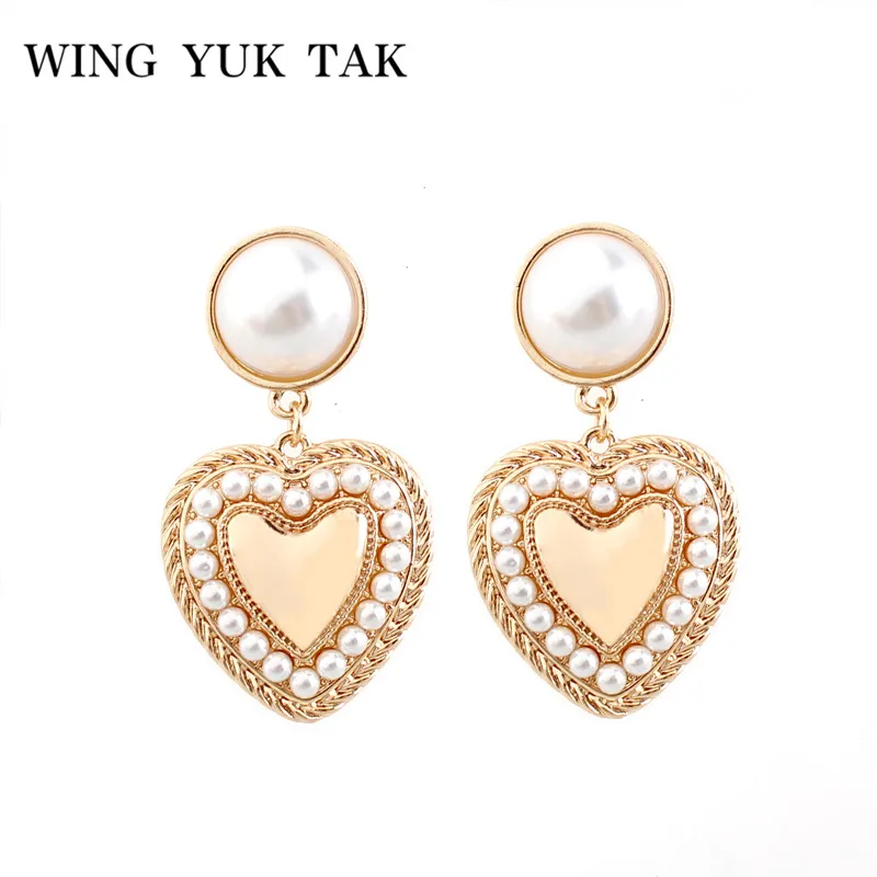 

wing yuk tak Statement Alloy Heart Earrings For Women Gold Color Boho Simulated Pearl Drop Earrings
