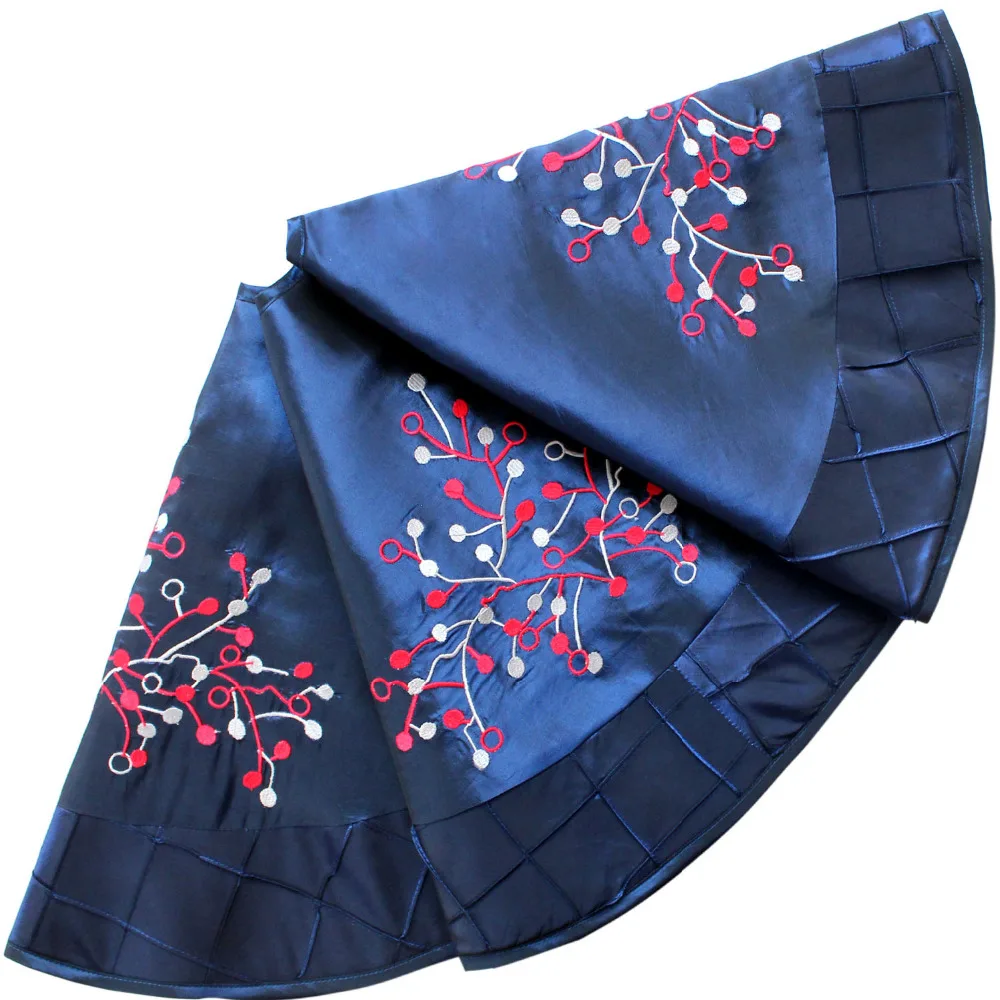 

Deluxe Embroidered Red berry with Handcraft Pintuck Border,Extra Large Blue Christmas Tree Skirt-50"/90cm P2830