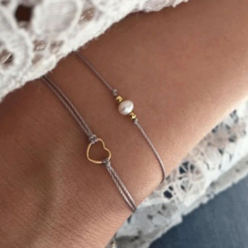 2Pcs/set Charm Braided Rope Pearl Heart Bangle Bracelet Elegant Hollow
