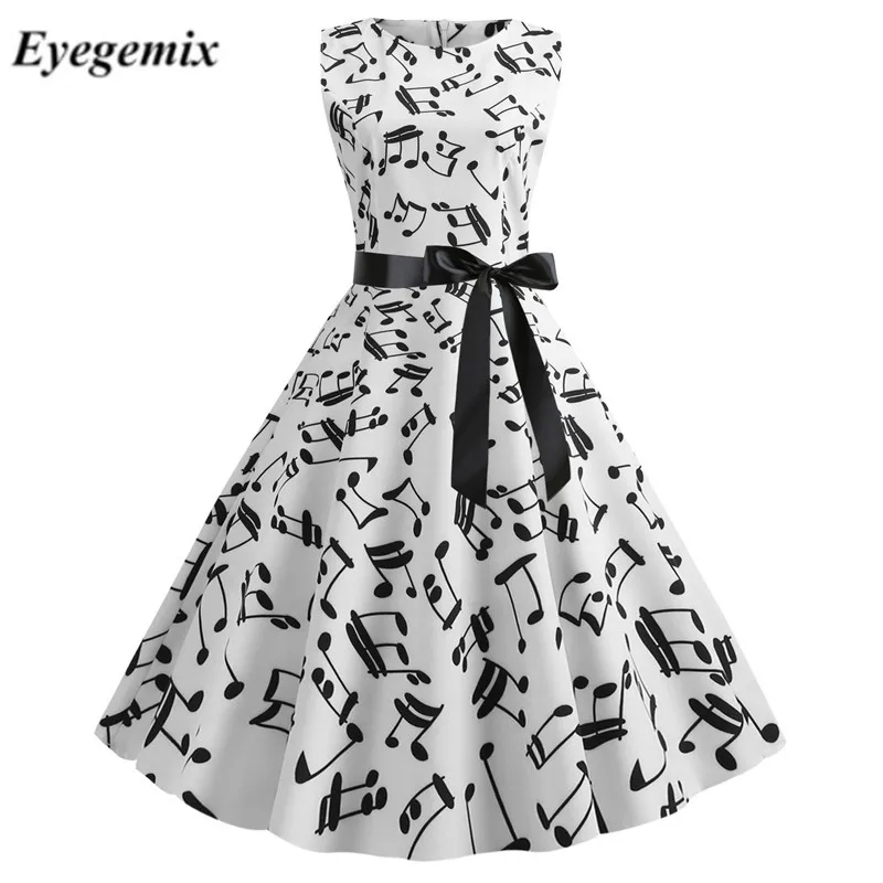 Musical Note Printed Tea Dress Cocktail Party A-Line Midi Dresses Women Vintage Cap Sleeve Swing Dresses