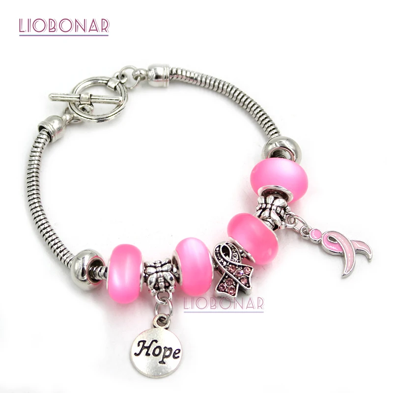 

10PCS Breast Cancer Bracelet T-bar Toggle Closer Hope Pink Ribbon Charms Bangle&Bracelet For Breast Cancer Awareness Pulsera