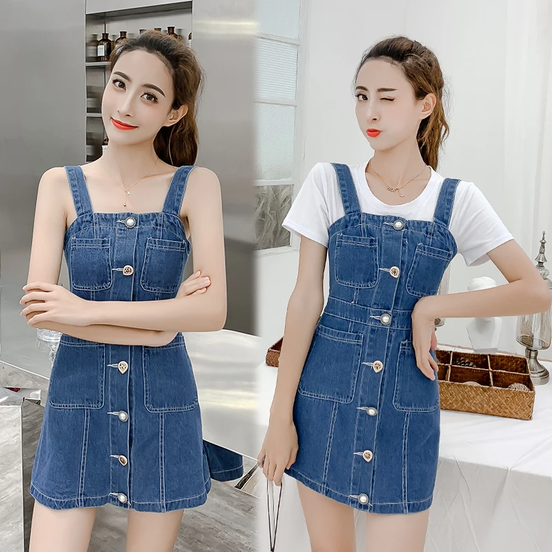 

#2715 Summer Single Breasted Denim Dress Women Overalls Sexy Spaghetti Strap Jeans Dresses Ladies Mini Denim Suspender Sundress