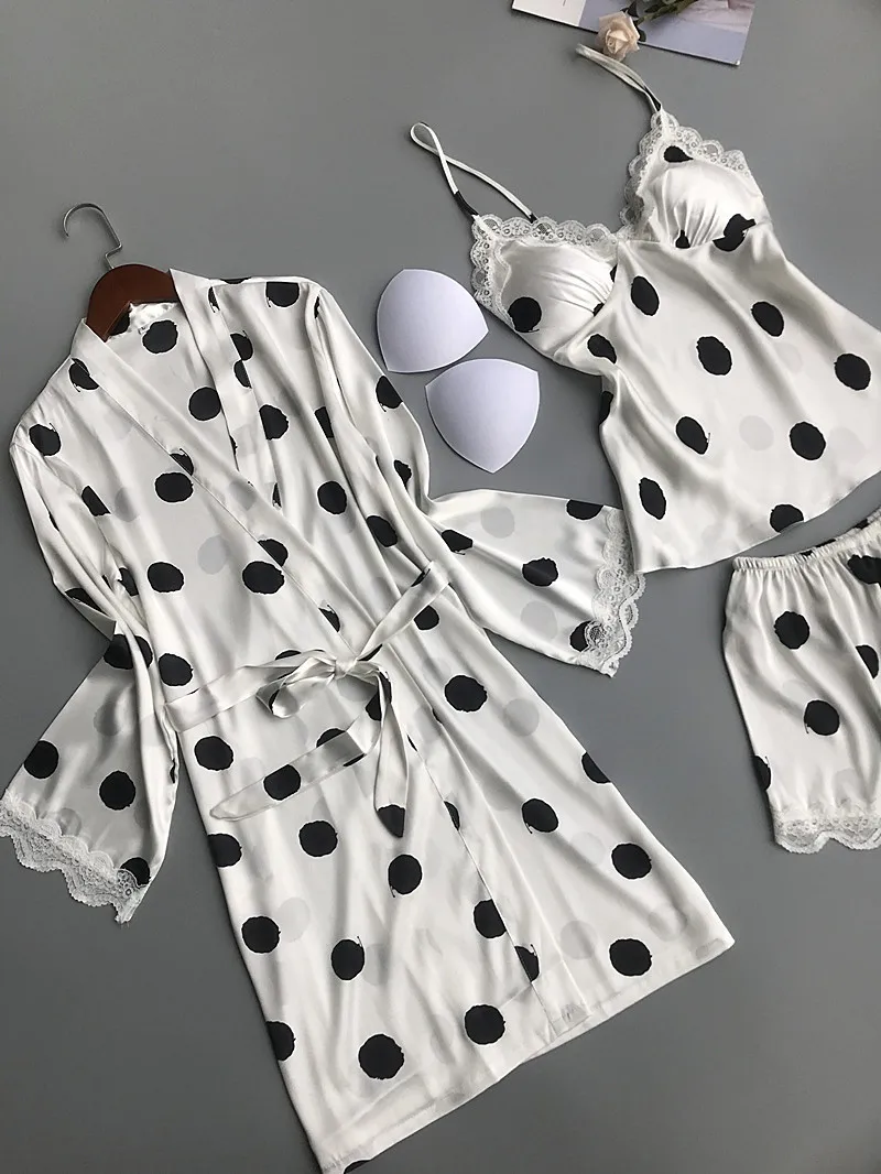 Женские пижамные комплекты из 3 предметов, атласные пижамы, пижама с подушками на груди, кружевные шелковые пижамы для отдыха, ночная Пижама