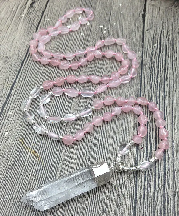 

YA3076 Rough Quartz Pendant Rose Quartzs Nuggets Stone Beads Knot Handmade Necklace