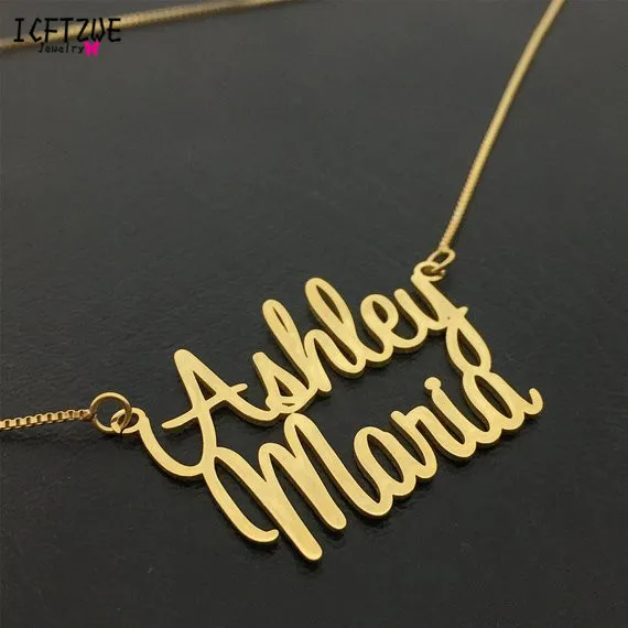 Stainless Steel Personalized Two Names Necklace Women Men Silver Gold