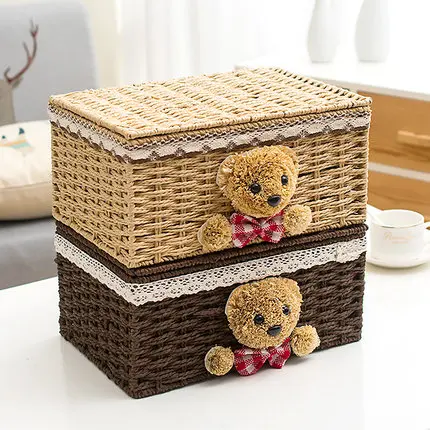 

Storage basket paper rattan fabric with cover storage box finishing box cosmetic storage box desktop storage basket