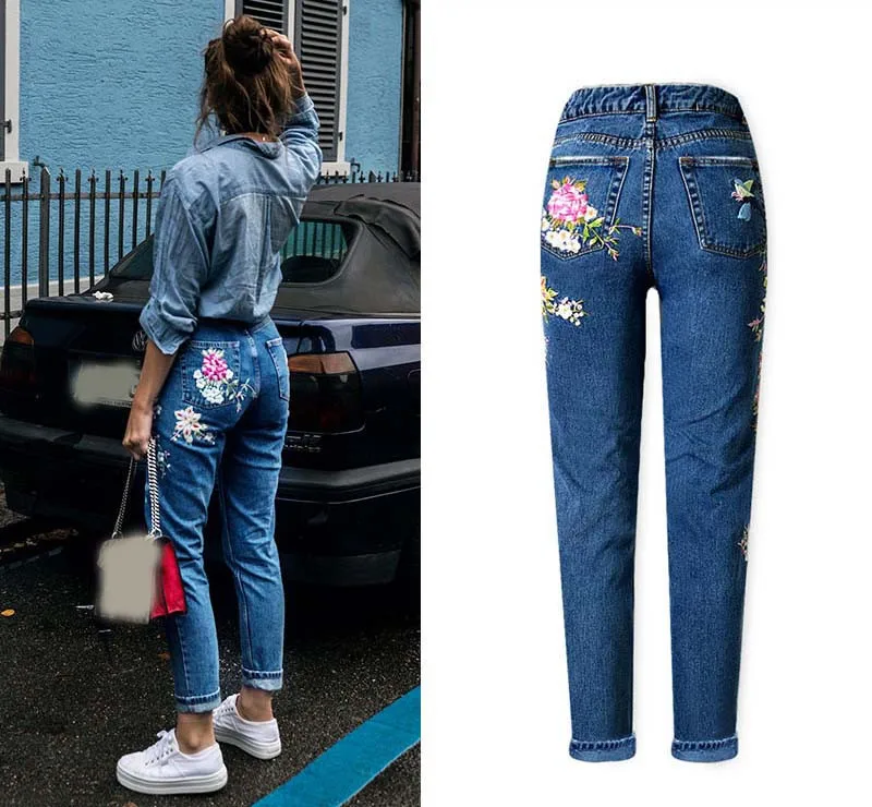 Women's three-dimensional 3D heavy process bird flower front and rear embroidery high waist Slim straight jeans large size system (5)
