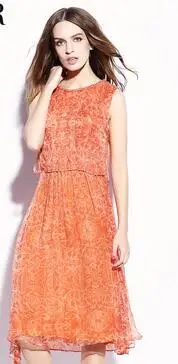 Новинка летнее элегантное женское платье из натурального шелка оранжевое, без рукавов зеленого цвета Свободные повседневные платья ретро vestidos - Цвет: Оранжевый