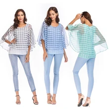 

one world Summer Fashion Chiffon Blouse Women Sleeveless Tank and Plaid Batwing Sleeve Blouse Set O-neck Blouse TO0288