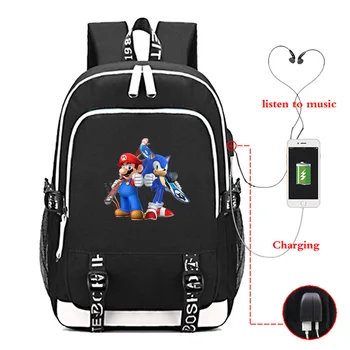 

Mario & Sonic USB Charge School Rucksack Boys Girls Backpack Fashion USB Charging Daily Knapsack for Men Women