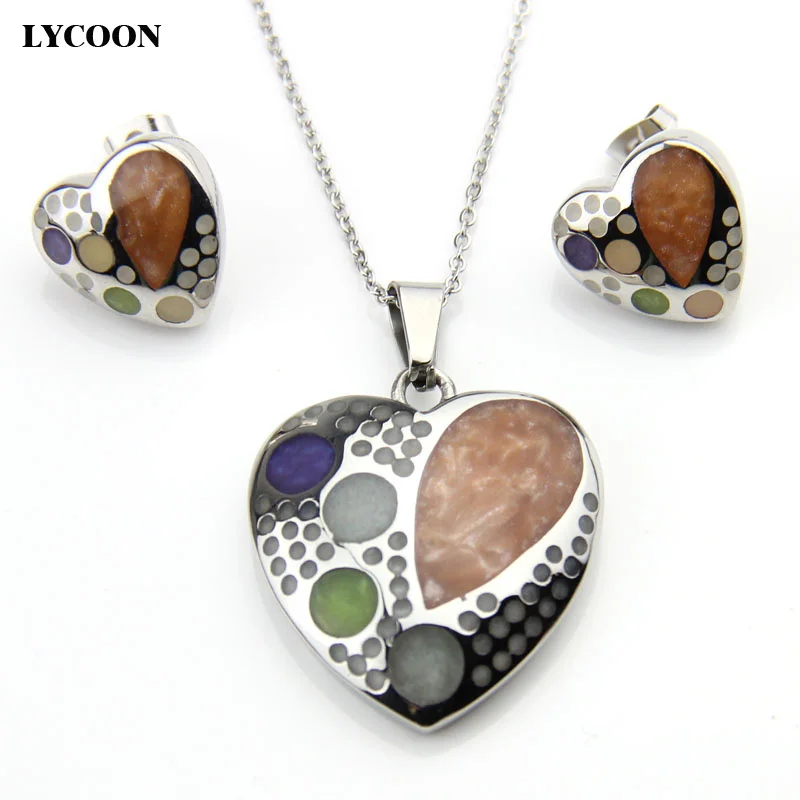 

LYCOON New stainless steel polish with brown and colorful resin pendant necklace enamel earrings jewelry set for women LYS023