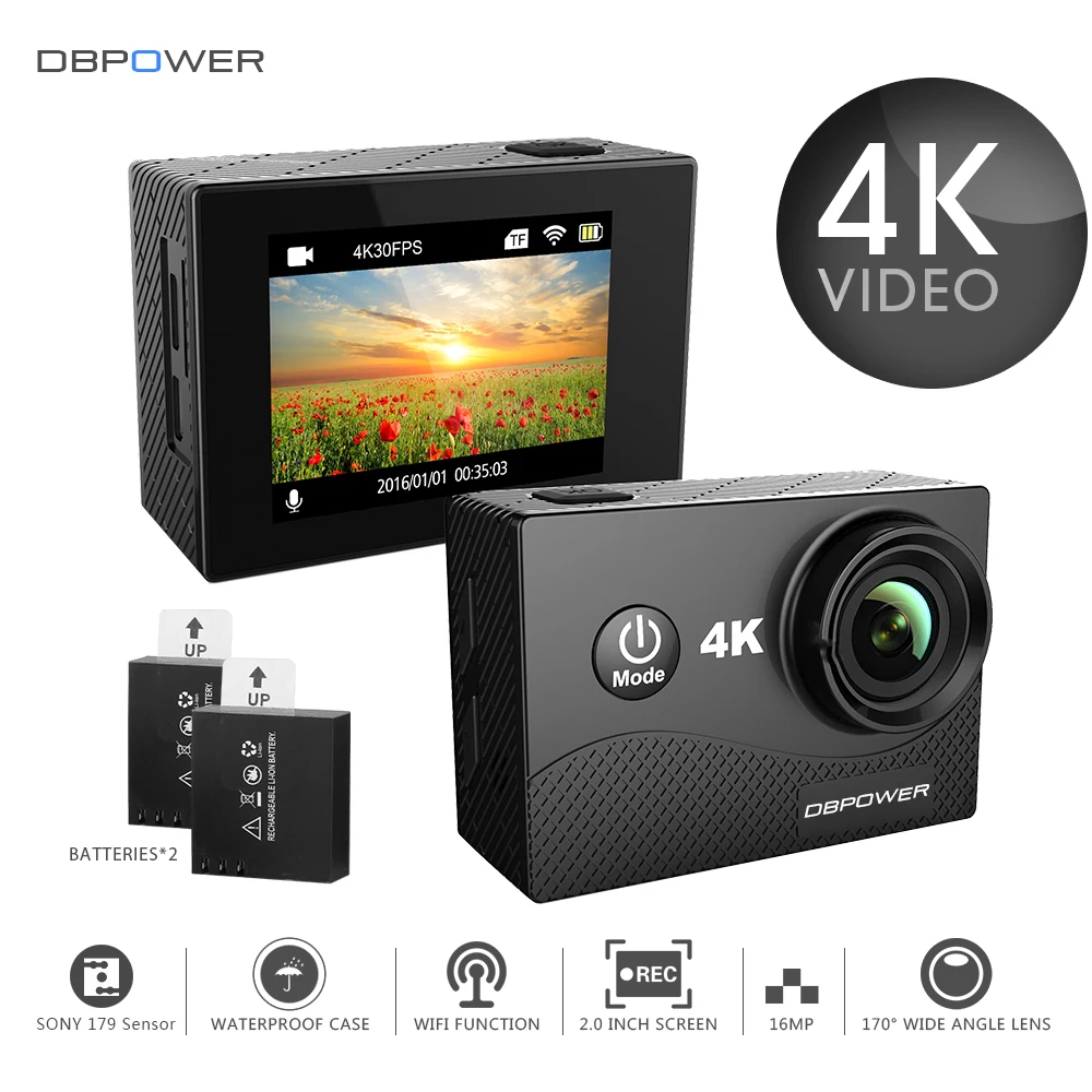 DBPOWER Q8 4K Action Camera with 2.0 inch Wifi HD 4K/30FPS Go Waterproof Underwater Outdoor Mini Cam Pro Bike Video Sport DVR |