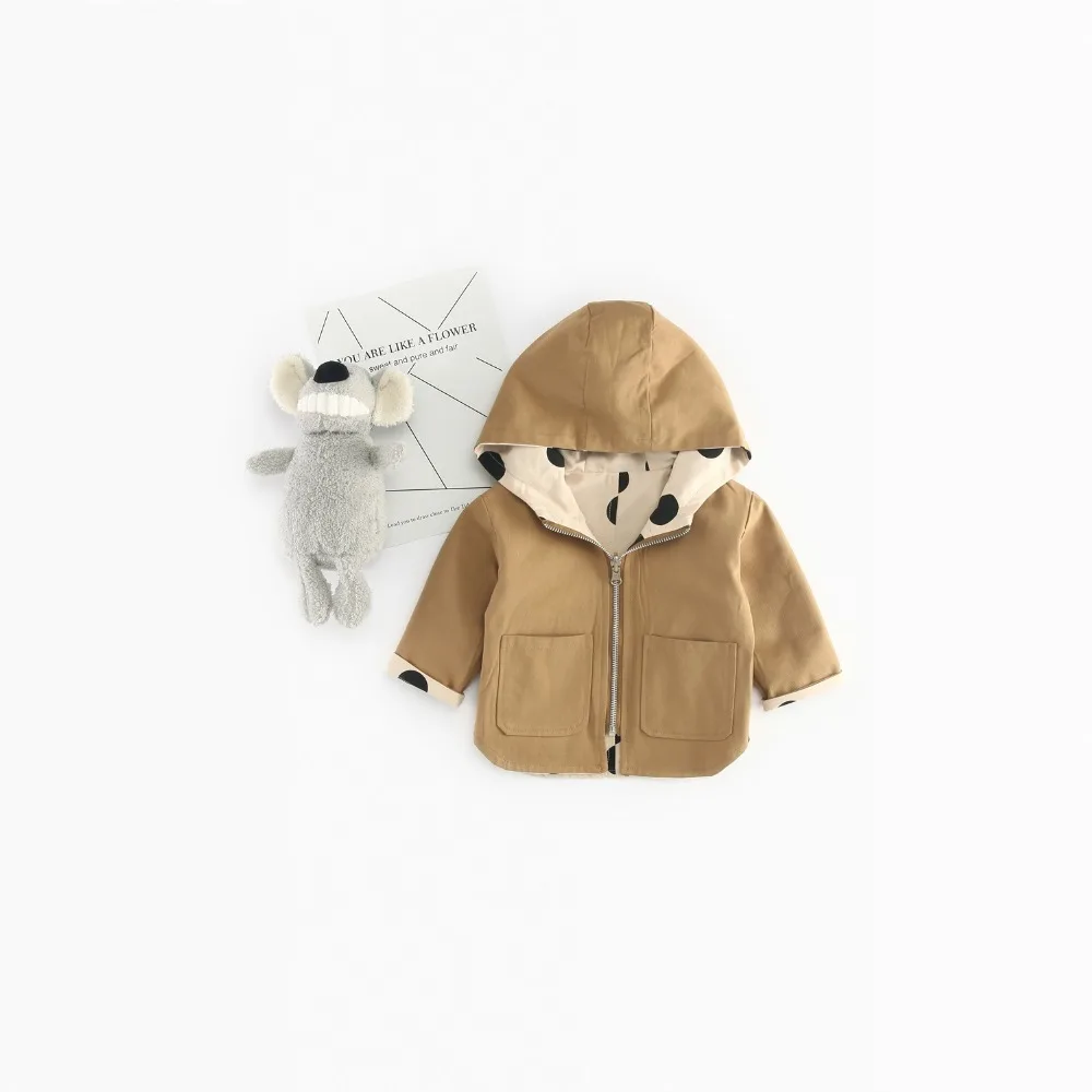Куртка для маленьких девочек и пальто с капюшоном на весну для мальчиков; куртка-ветровка в горошек 2, двухсторонняя одежда для детей ясельного возраста детская куртка; верхняя одежда для детей