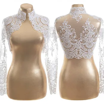 

2019 Long Sleeve Bridal Jackets High Neck Lace Appliques Custom Made Wedding Bolero