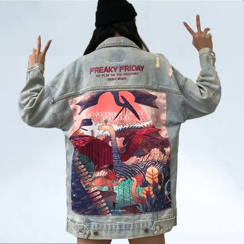 

Fashion Women Street Wear Printed Jurassic world Denim Jackets Coat Casual BF Jeans Jacket Coat Ladies Spring Autumn Coat women