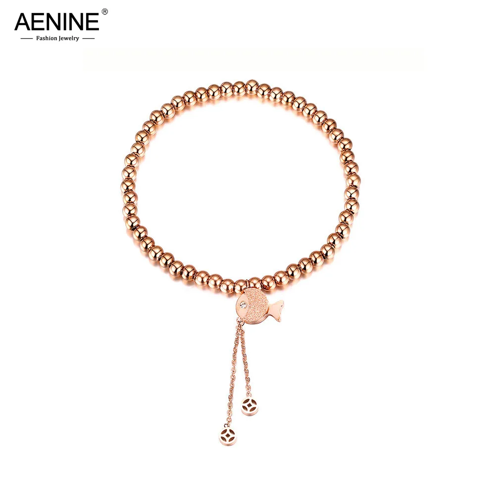

AENINE Trendy Small Fish Inlaid Zircon Ladies Beaded Bracelet Titanium Steel Rose Gold Charm Chain & Link Women Jewelry AOGS1006