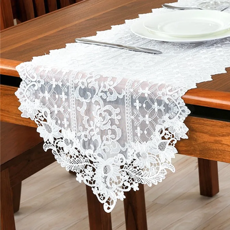 

White Embroidery Table Runner Elegant Lace Tableware for Dining Room Restaurant Cafe Wedding Party Event Catering Decoration P2
