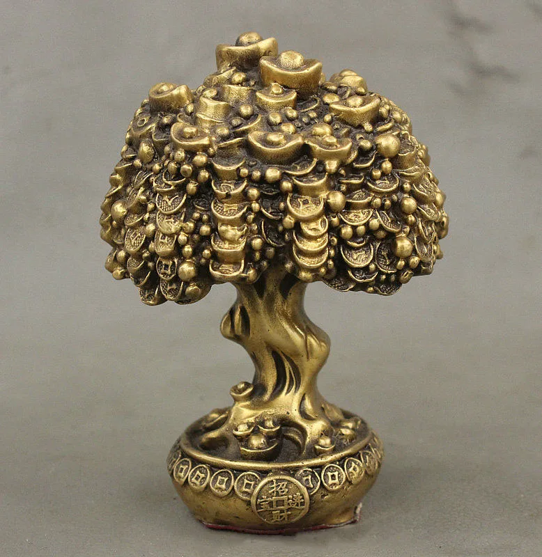 

Chinese FengShui Brass Auspicious Wealth YuanBao Treasure Bowl Money Tree Statue