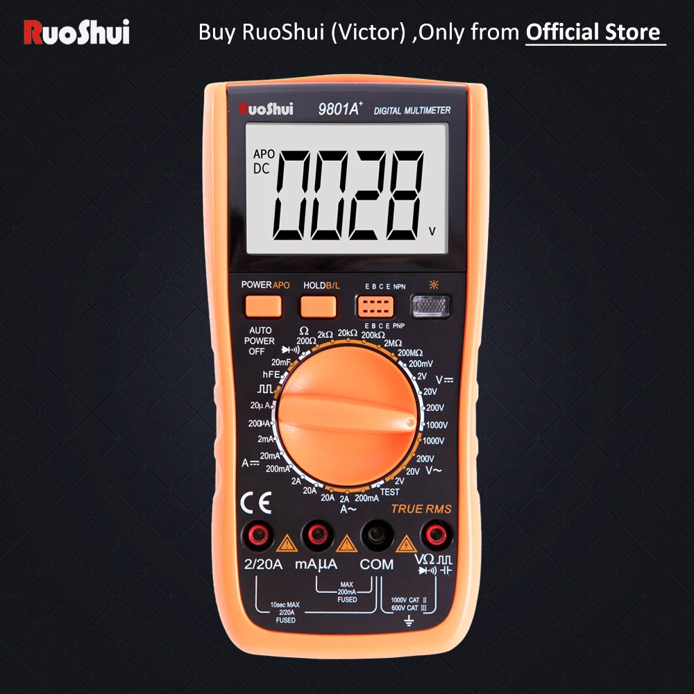 

9801A+ Victor RuoShui True RMS Digital Multimeter 2000 Counts Manual Resistance Capacitance Diod Transistor 1000V 20A Live Wire