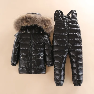 Детское белое пуховое пальто для мальчиков и девочек, комбинезон, комплект зимней одежды, теплый ветрозащитный зимний комбинезон с мехом, лыжный костюм для малышей, W10 - Цвет: Черный