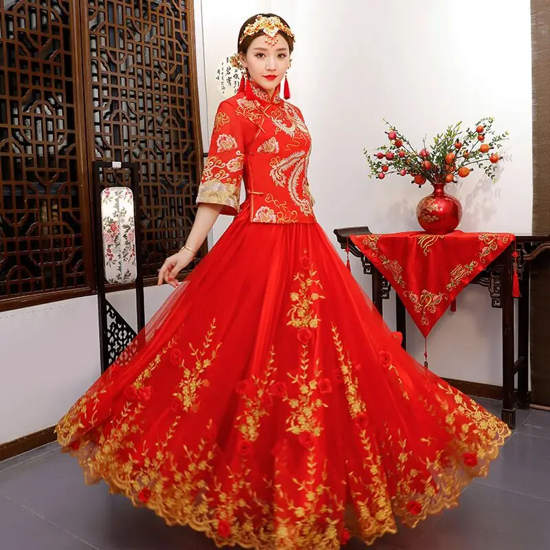 Древних брак костюм невесты Одежда Платье Традиционный китайский торжественное платье женщины cheongsam вышивка феникс красный Qipao