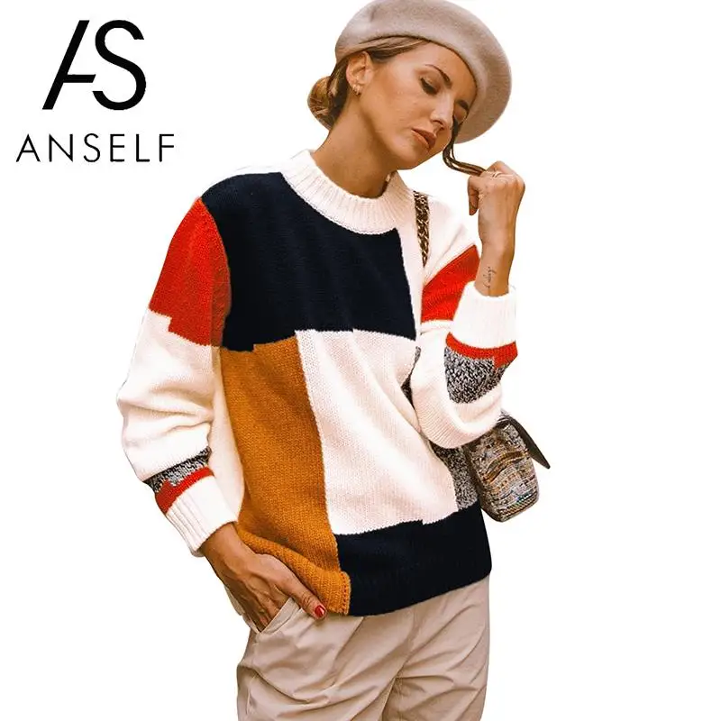 

Anself Women Knitted Sweater Top Multicolor Block O-Neck Long Sleeve Loose Casual Pullover autumn Winter women christmas jumper