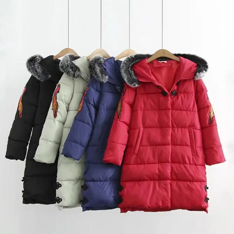 

G6 Winter Casual Parkas 5xl Plus Size Women Clothing Chinese style LONG Fur collar Hooded Thick warm embroidered Padded Coat 883