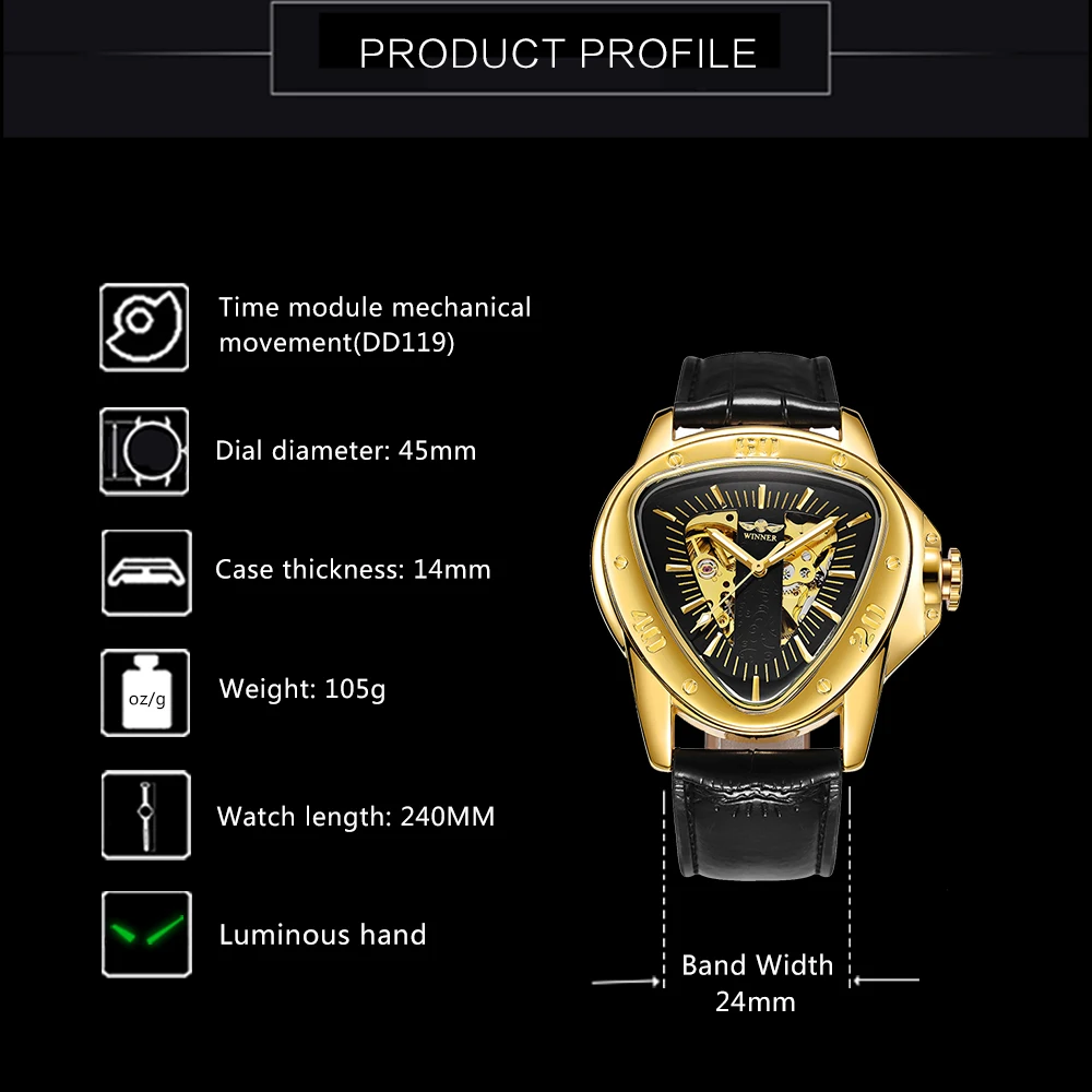 WINNER Official Sports Automatic Mechanical Men Watch Racing Triangle Skeleton Wristwatch Top Brand Luxury Golden + Gift Box - Image 2