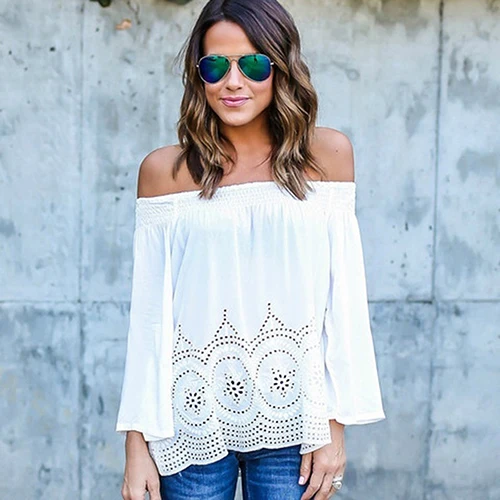 

Women's Fashion Sexy Off the Shoulder Strapless Long Sleeve Chiffon Blouse Top