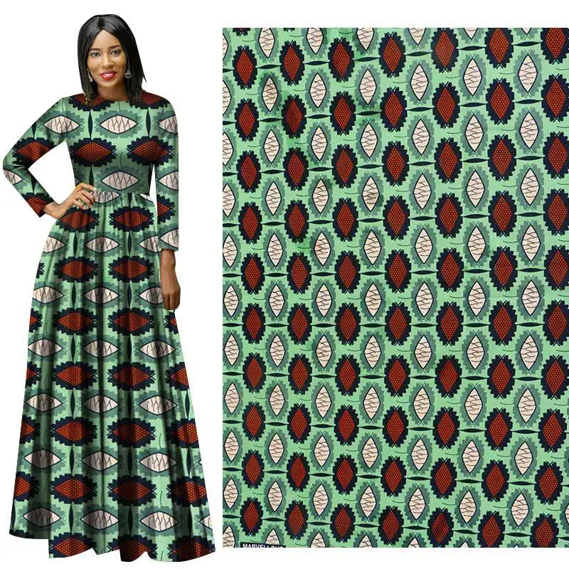 

Custom African national costumes cyan geometric print pattern polyester printed cloth high quality dress suit DIY handmade cloth