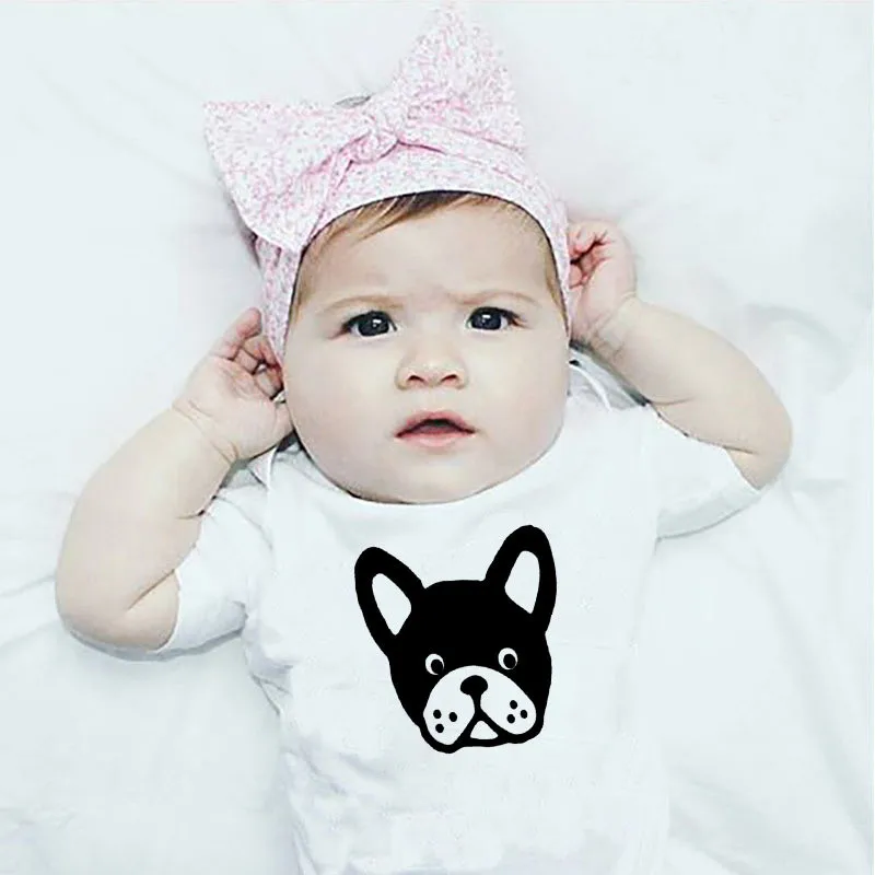 

2019 Cute Newborn Baby Clothes Short Sleeve Baby Girl Boy Clothes Dog Print Cotton Rompers Infant Costumes White Rompers Baby