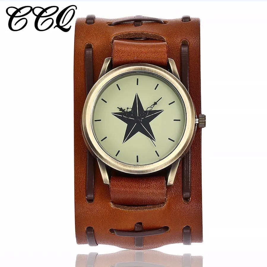 

CCQ Brand Vintage Style Men Star Dial High-Quality Wristwatches Casual Fashion Cow Leather Strap Quartz Watch Male Drop Shippong