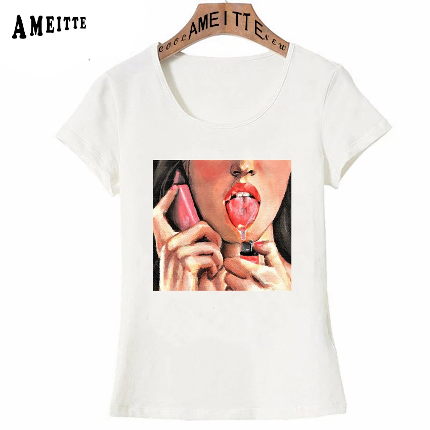 

AMEITTE New Fashion Summer Autumn T-Shirt Cute Women T Shirt Lighter Lips Printed T-shirt Girl Casual Tops Funny Woman Tees