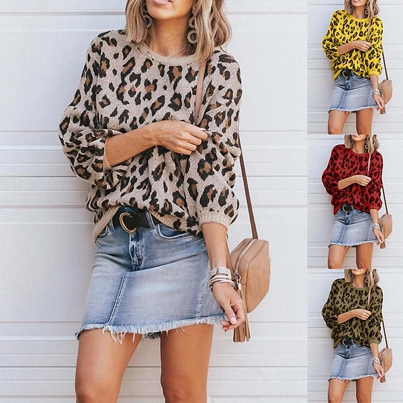 

Sweaters Women 2019 Spring Long Lantern Sleeve Loose Sweater Tops Office Lady Leopard Pattern Knitted Sweater Female