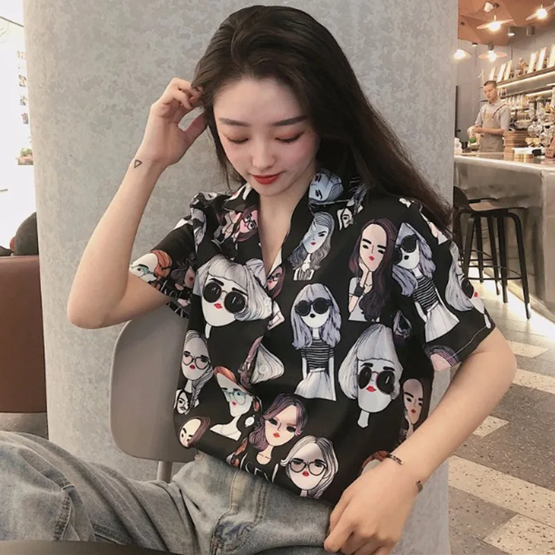 

Fashion Character Printed Blouse Women Streetwear Short Sleeve Turn-down Collar Blouses Shirt Female Ladies Tops Camisas Mujer