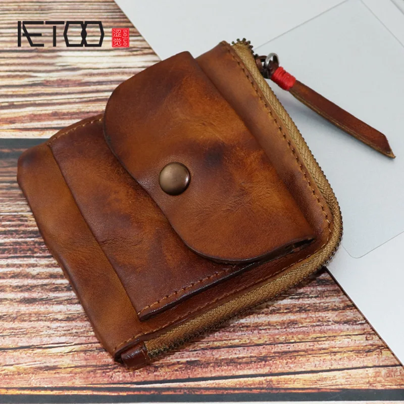 

AETOO Tanning real cowhide zipper coin Wallet, handmade creative pocket buckle small wallet, card bag key storage bag